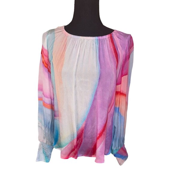 APNY Sustainable Fabric Boho 70s Hippie Rainbow Modern Blouse S Artsy Top New - Picture 3 of 12
